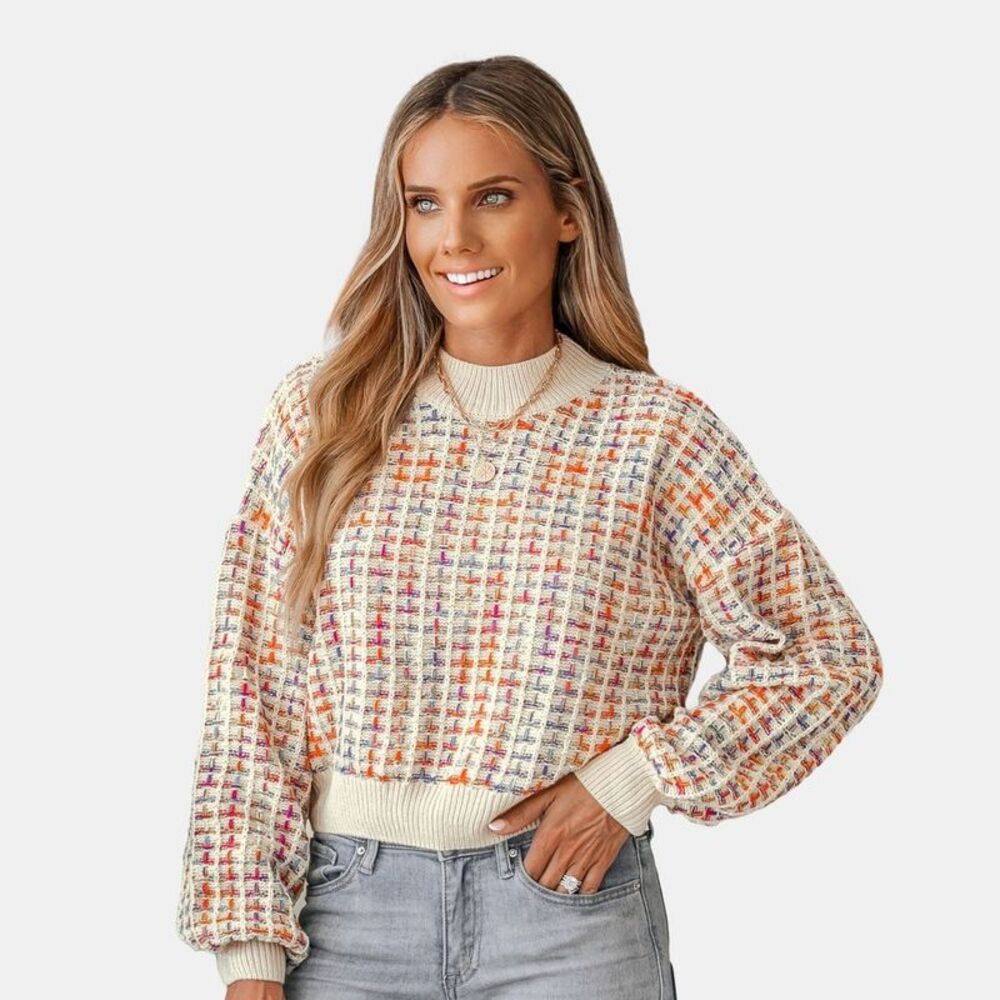 Cupshe - Women's Rainbow Stitching Drop Sleeve Cropped Swea Cream
